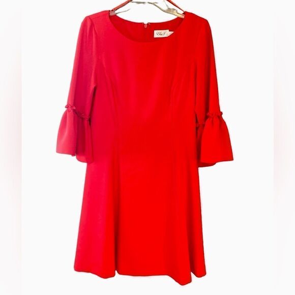 Eliza J. 8 Tomato Red 3/4 Statement Flared Sleeves Evening Wedding Guest Dress - Picture 1 of 7